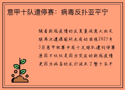 意甲十队遭停赛：病毒反扑亚平宁